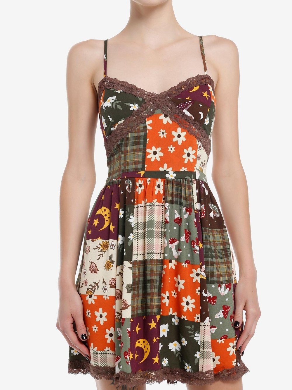 Patchwork Floral Lace-Trim Slip Dress — Orange/Green/Brown